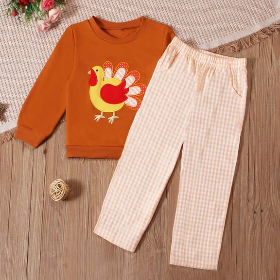 fnnxnal Kids Thanksgiving Outfit for Girls, 100% Cotton Turkey Outfit Set, Long Sleeve Sweatshirt & Checkered Pants, Yellow Festive Casual Clothing for 4-10 Years Old,Size 4 T