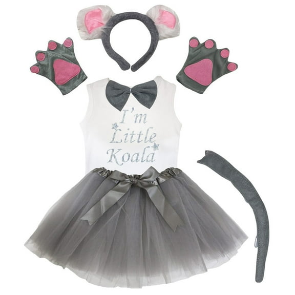 Petitebelle Koala Headband Bowtie Tail Gloves Tutu Shirt 6pc Costume (Gray, 6-8 Years)