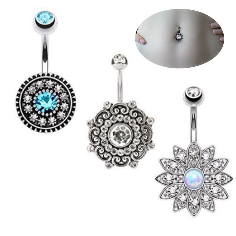 alextreme 3 Pcs/Set Women Belly Button Rings Crystal Flower Surgical Steel Body Piercing Jewelry