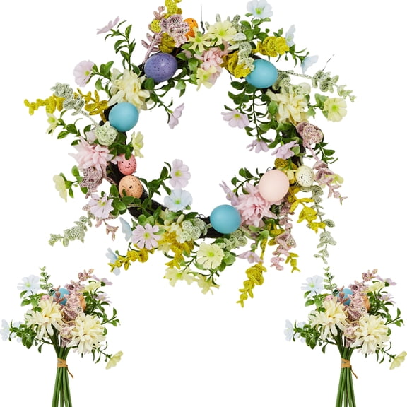 Easter Wreath 18 Inch Artificial Spring Floral Wreath with Eggs and Greenery, Real Rattan Base with 2 Matching Bouquets for Front Door Festive Home Decor