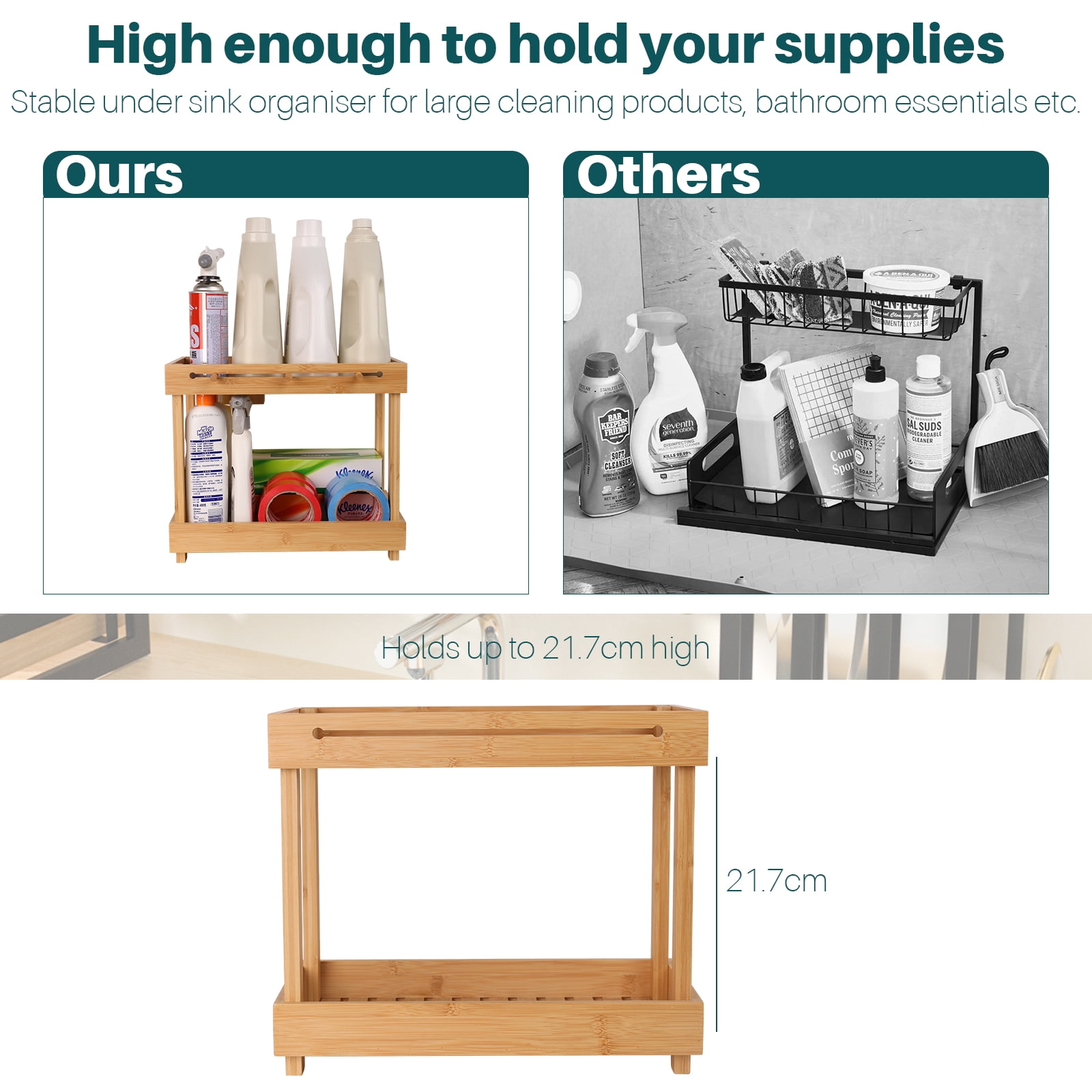 2 Tier Bamboo Under Sink Storage Kitchen Organizer, Kitchen Sink Organiser, Multipurpose Kitchen Cupboard Storage with 6 Bamboo Hooks, 1 Bamboo Hanging Box