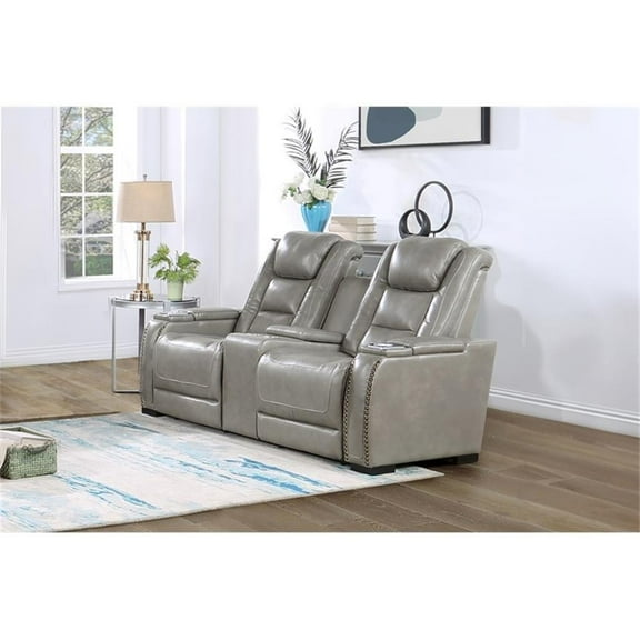 Pemberly Row Contemporary Leather Power Console Loveseat in Gray