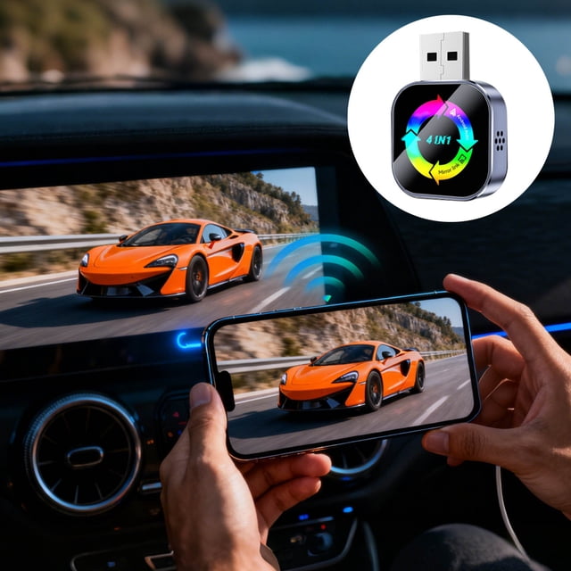 Adaptateur CarPlay Sans Fil 4 en 1 avec Miroir d'Écran, Intégration Automatique Android, Plug Play, Récepteur Audio USB Type C