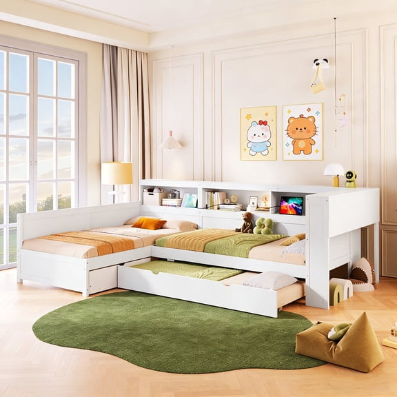 Wood Twin L-Shaped Platform Bed with Trundle and Storage Drawer, Space-Saving Loft Bed for Bedroom,White