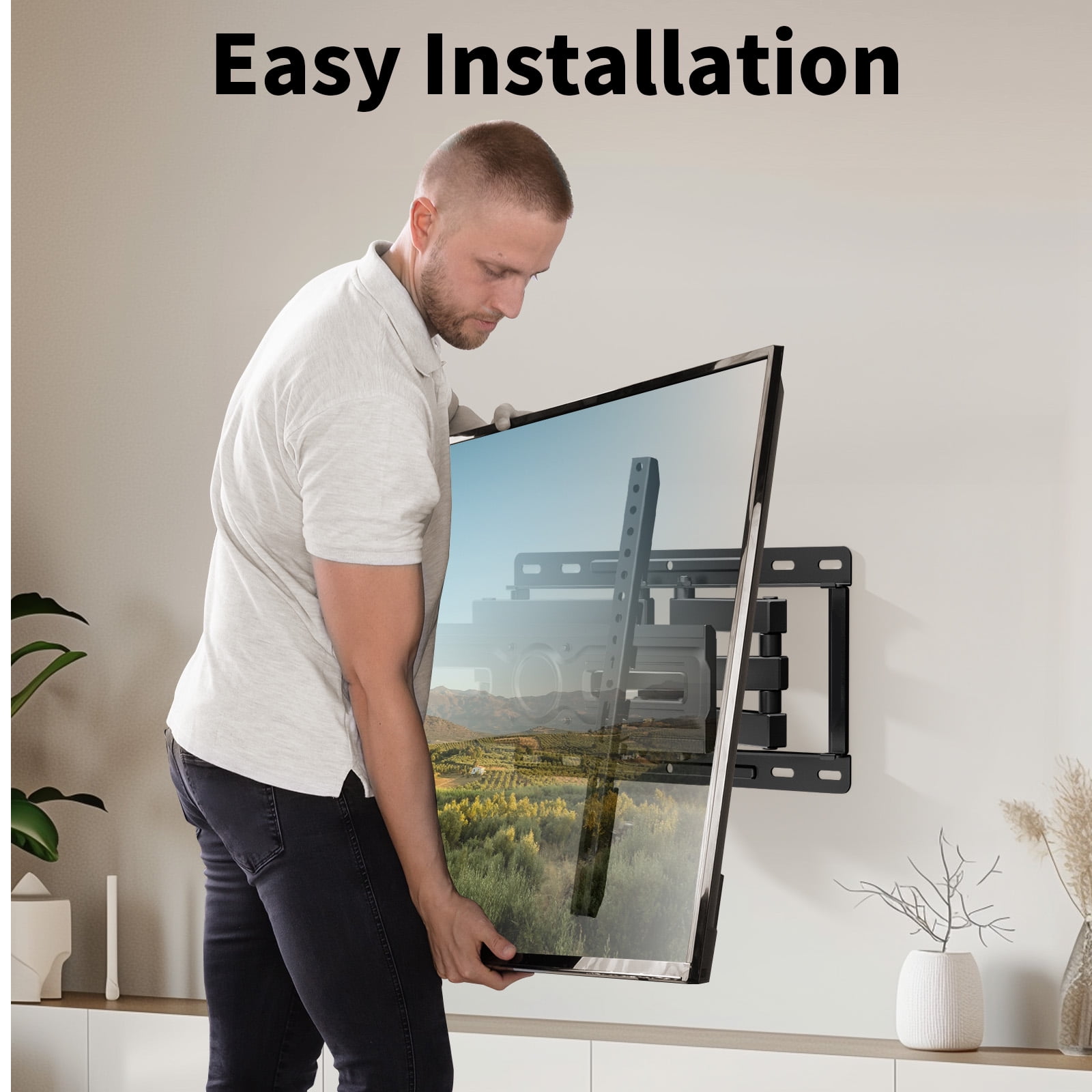MountFTV Full Motion Swivel TV Wall Mount Bracket for 26-70 inch Flat Curved TVs, Hold up to 99 lbs,Max 400x400mm, Fits 12″/16″ Wood Studs with Articulating Dual Arms