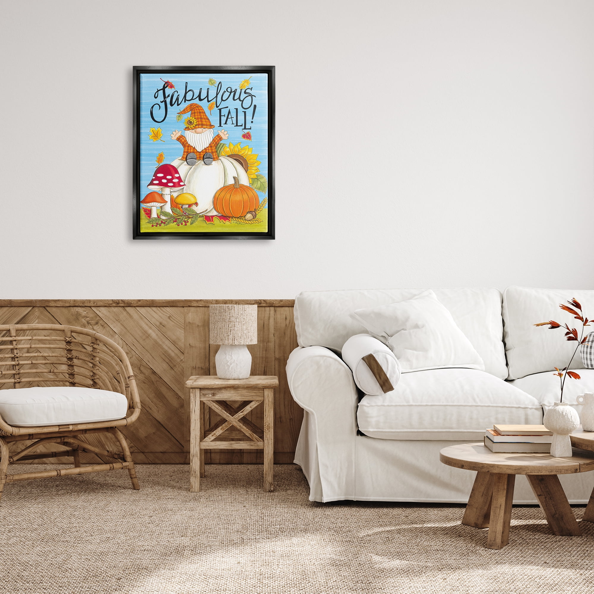 Stupell Industries Fabulous Fall Gnome Holiday Painting Black Floater Framed Art Print Wall Art, 25 x 31