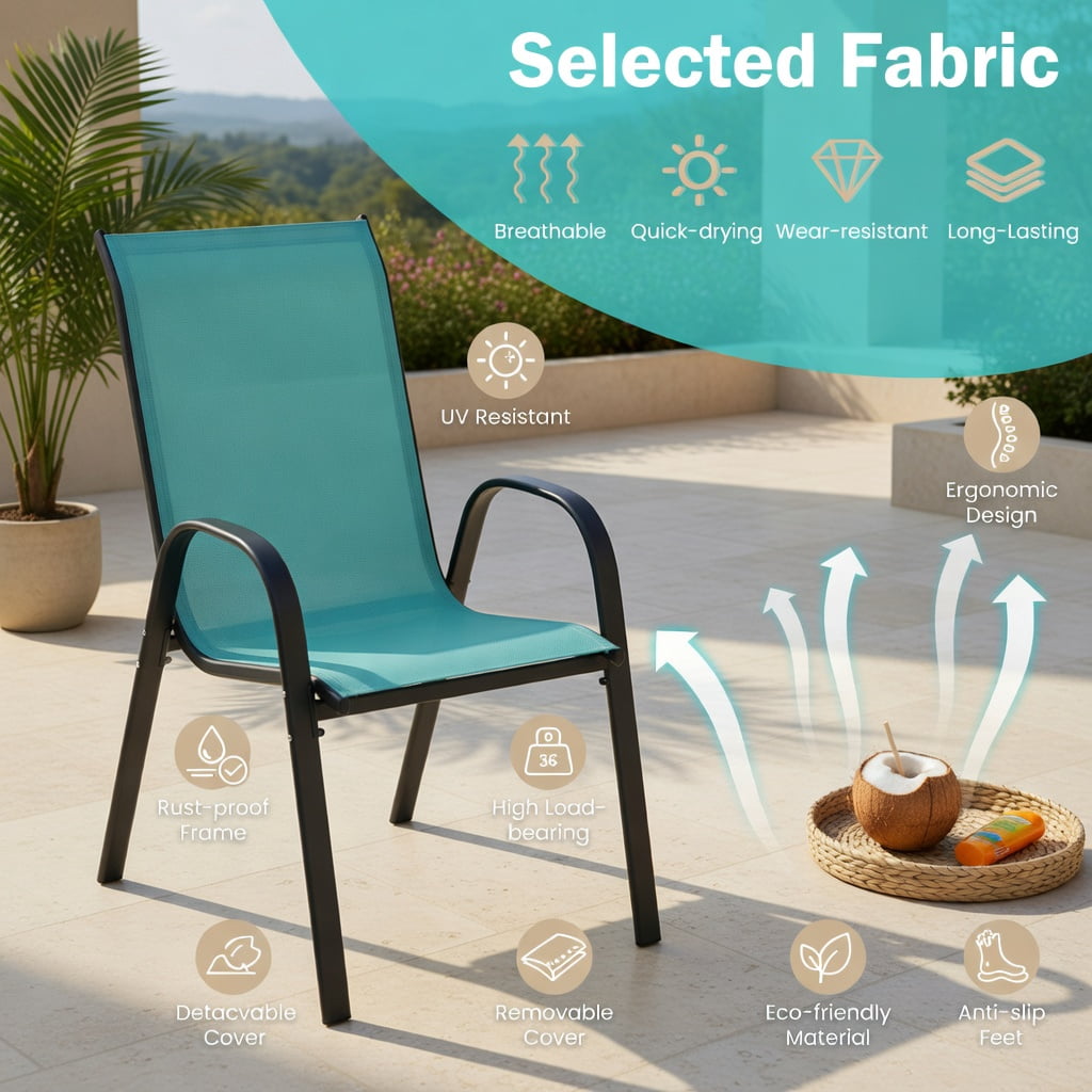 Hommoo 4-Pack Outdoor Patio Chairs with Grey Steel Frame, Stackable, Weather-Resistant Mesh Seating for Deck, Poolside & Backyard, Navy