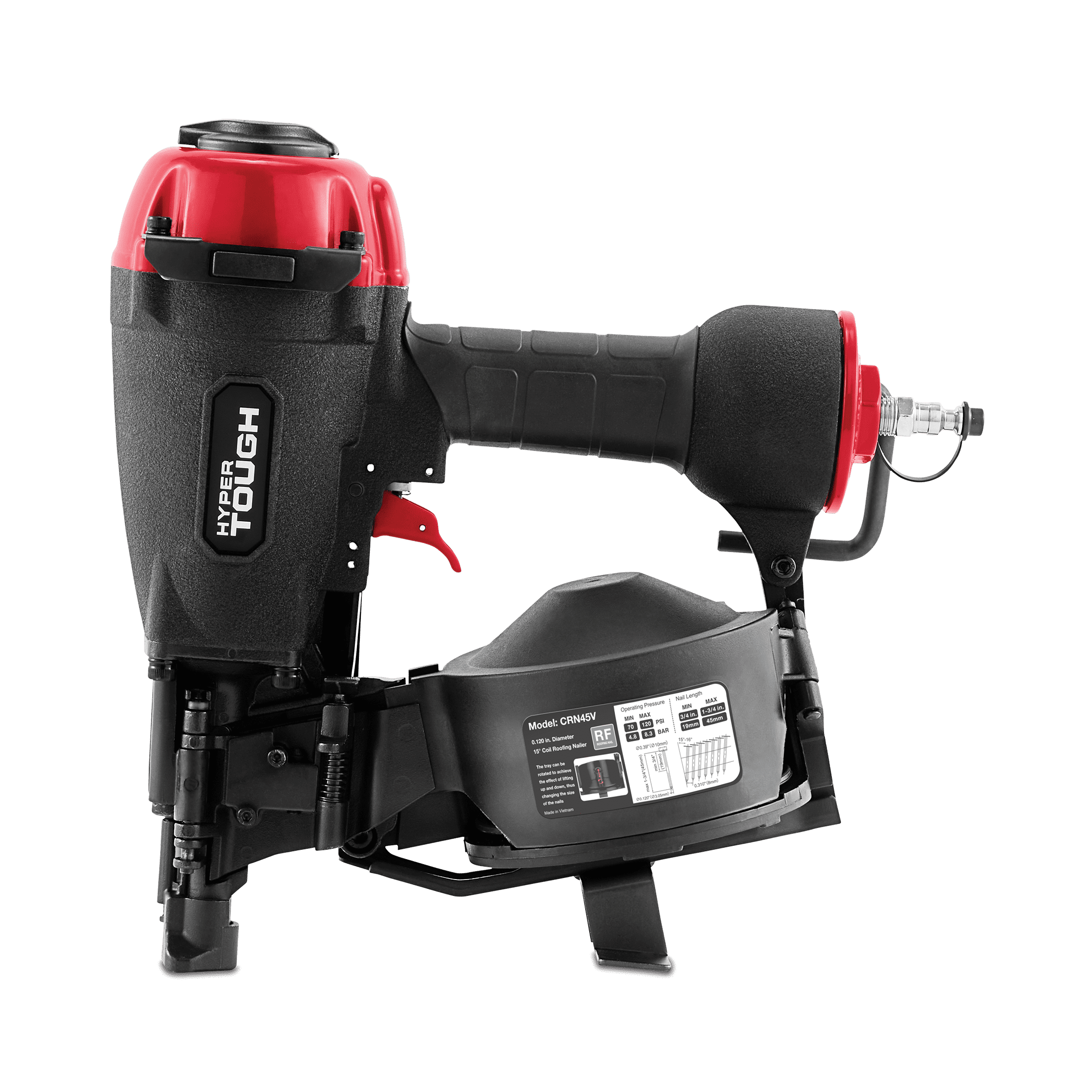 Hyper Tough 15-degree 1-3/4-inch Pneumatic Coil Roofing Nailer, Air Powered Roofing Nail Gun