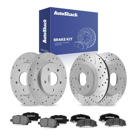 AutoShack Front & Rear Drilled & Slotted Brake Rotors Ceramic Brake Pads | Replacement for 2012-2013 Chevrolet Impala 2014-2016 Impala Limited FWD | Silver Matte Finish | 12-PC Brake Kit | TurboGuard