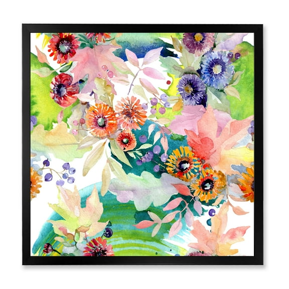 Wildflowers and Vibrant Wild Spring Leaves II 36 in x 36 in Framed Painting Canvas Art Print, by Designart