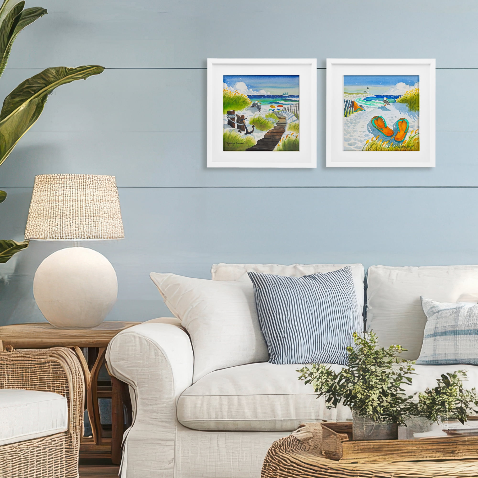 Stupell Industries Boardwalk Through Beach Scenery 2 Piece White Framed Print Under Glass Set, design by Robin Altman