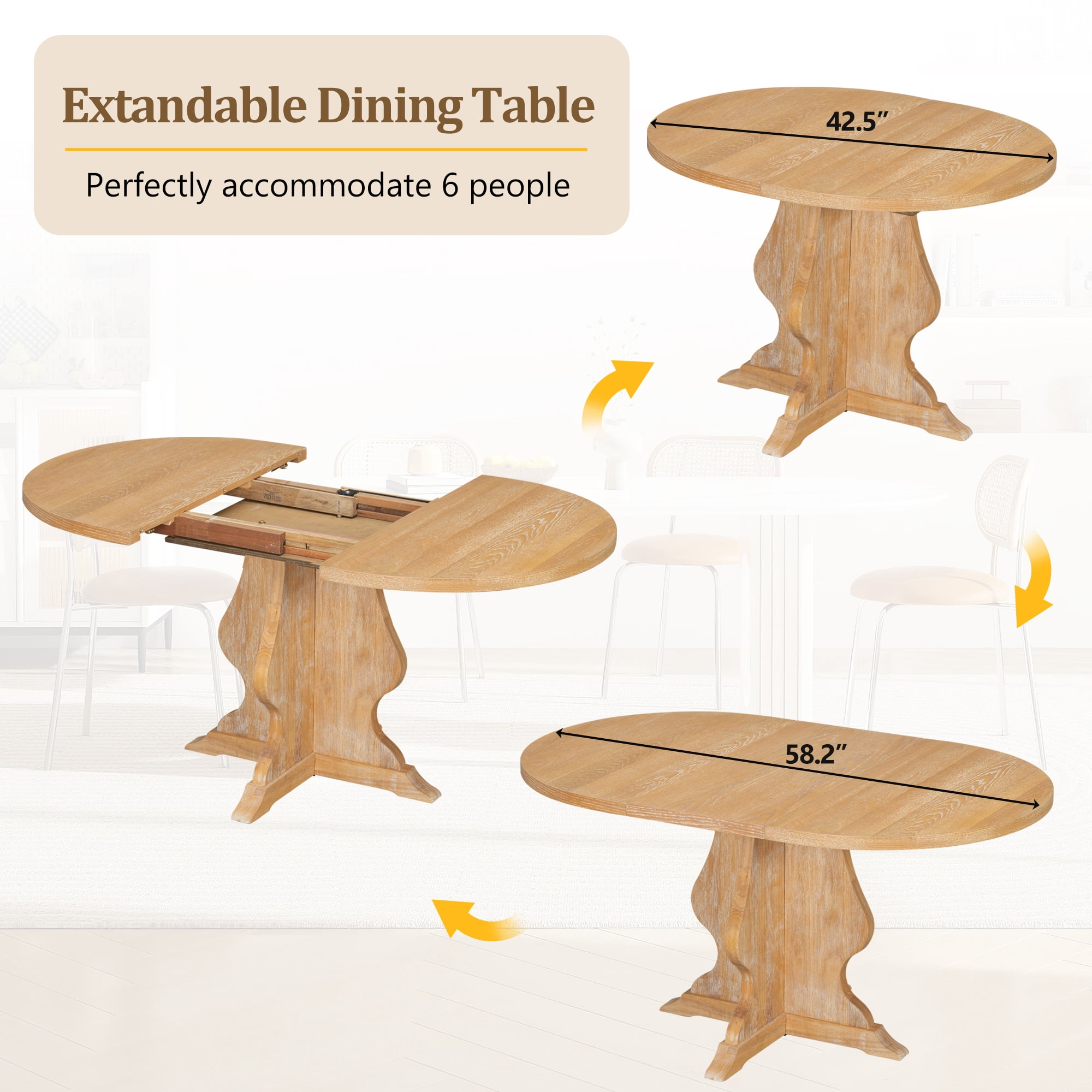 Euroco 5-Piece Round Dining Table Set for 4, 58" Extendable Kitchen Table with 4 Upholstered Chairs,Solid Wood Dining Set for Small Space,Natural