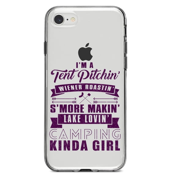 DistinctInk Clear Shockproof Hybrid Case for iPhone 7 8 SE (2020 Model) 4.7" Screen TPU Bumper Acrylic Back Tempered Glass Screen Protector - Tent Pitchin Weiner Roastin S'More Camping Girl