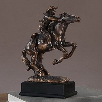 Bronze Finish Electroplated Western Cowboy Riding a Rearing Horse Statue Figurine
