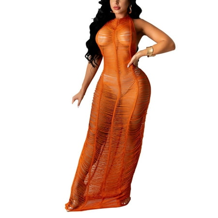 JBEELATE Women Halter Sleeveless Mesh See Through Crochet Maxi Long Dress Backless Knit Beach Bikini Swimsuit Cover Ups