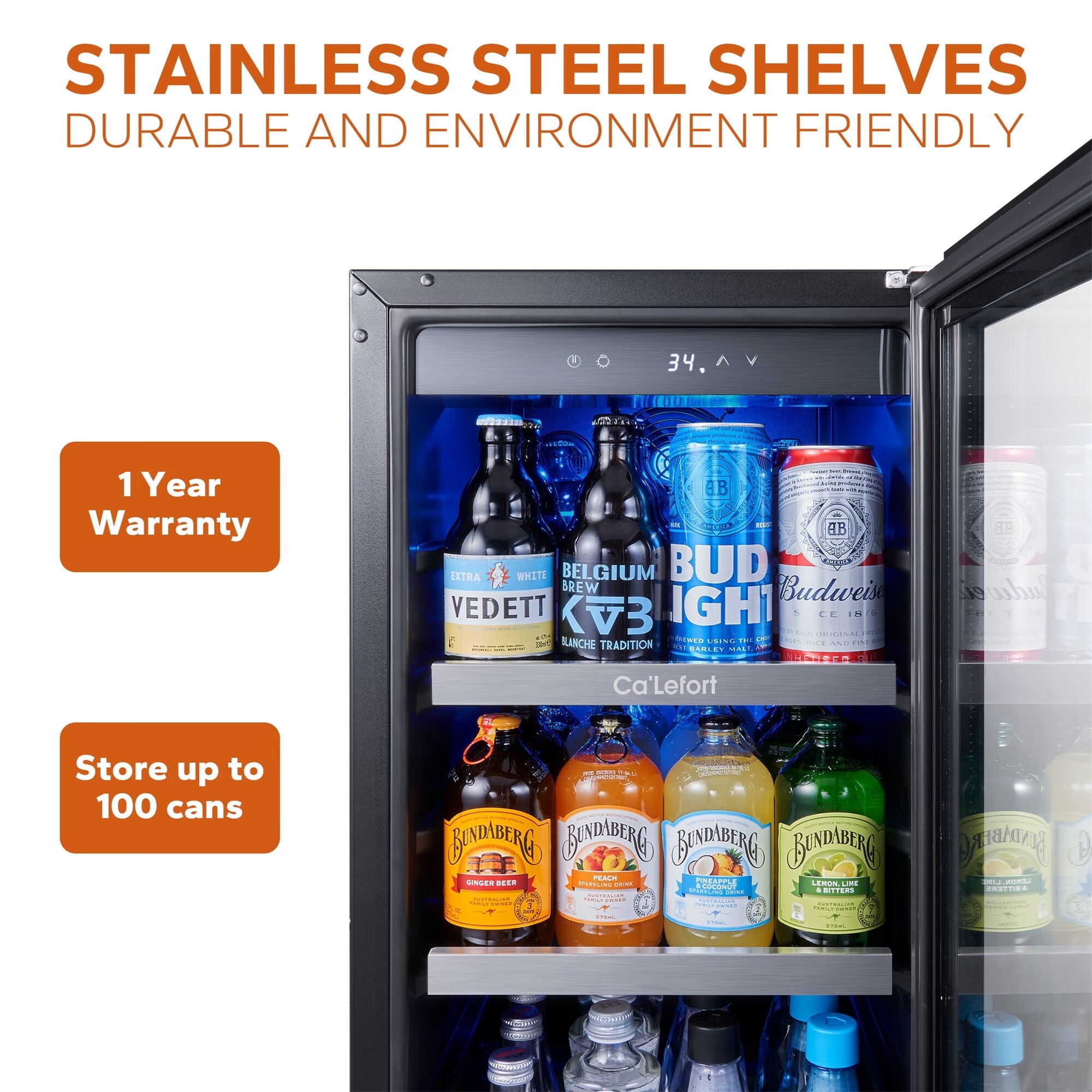 Ca'Lefort 15'' Beverage Refrigerator Cooler,100 Cans Beverage Fridge,Built in or Freestanding Beverage Center with Stainless Steel Door