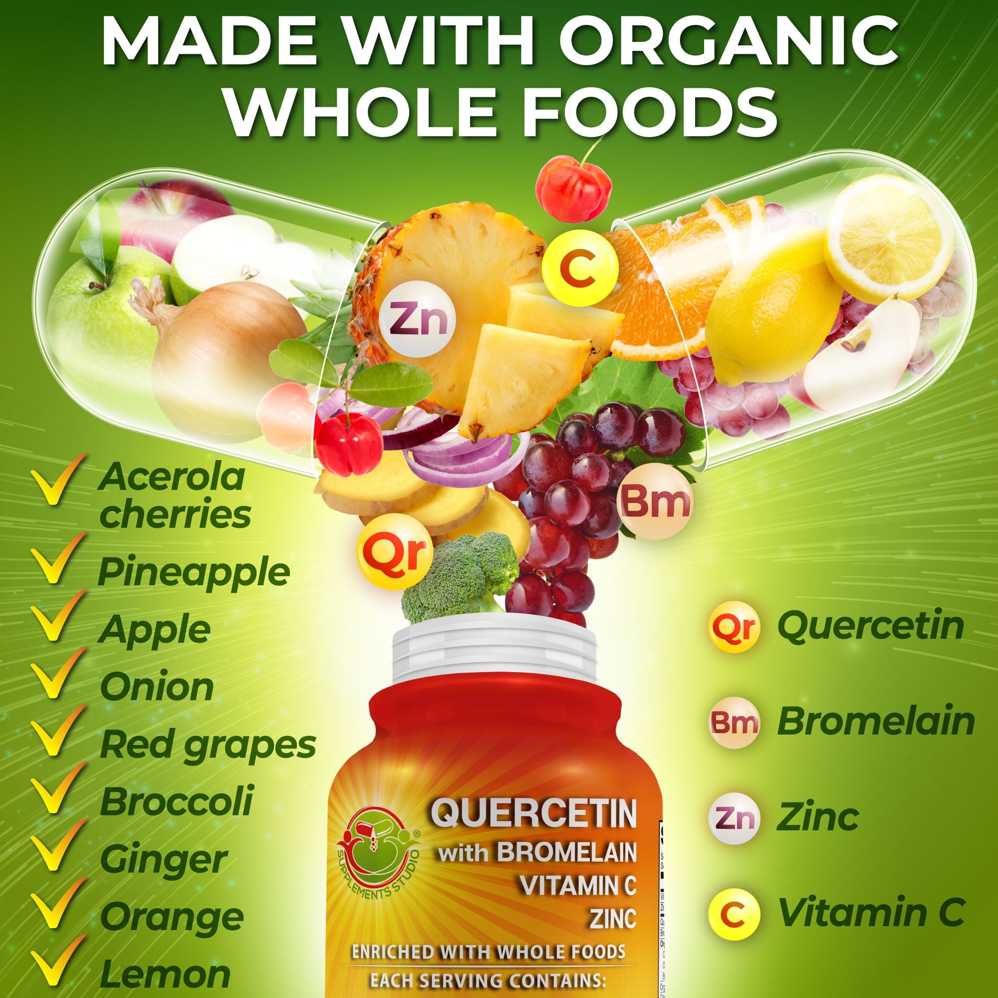 Quercetin with Bromelain – Quercetin Phytosome 500 mg High Absorption Supplement – Immune Support with Vitamin C, Zinc, Ginger & Citrus Bioflavonoids – Organic Whole Food Blend – 180 Capsules