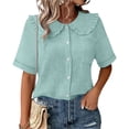 thumbnail image 2 of zbxnLI Women Casual Button down Blouses Tops Summer Short Sleeve Top Breathable Comfort Loose Ruffle Neck Outfits, 2 of 6