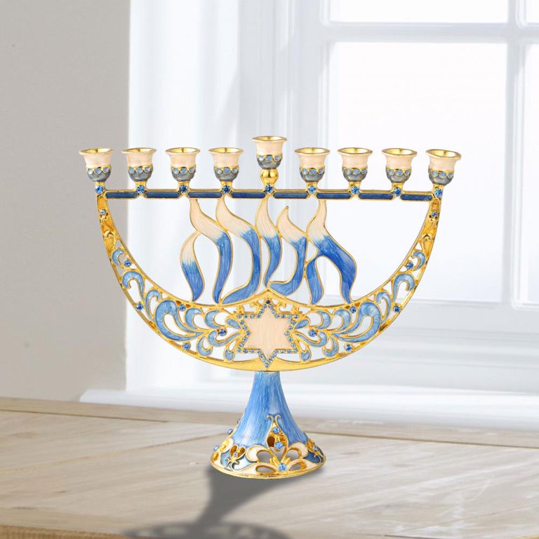 Hand-Painted Enamel Menorah with Gold Accents & Crystals photo 3