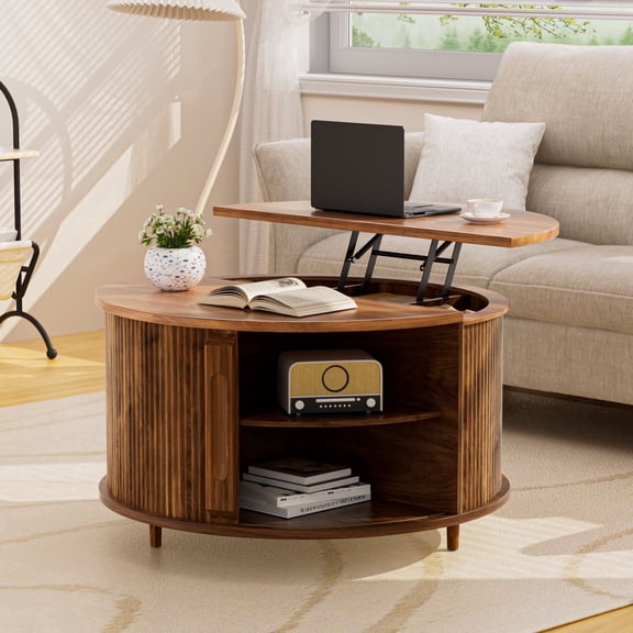 Pikvki Round Lift Top Coffee Table, 31.5" Fluted Wood Coffee Table with 180° Curved Sliding Door, Hidden Storage, Modern Center Table for Living Room, Walnut