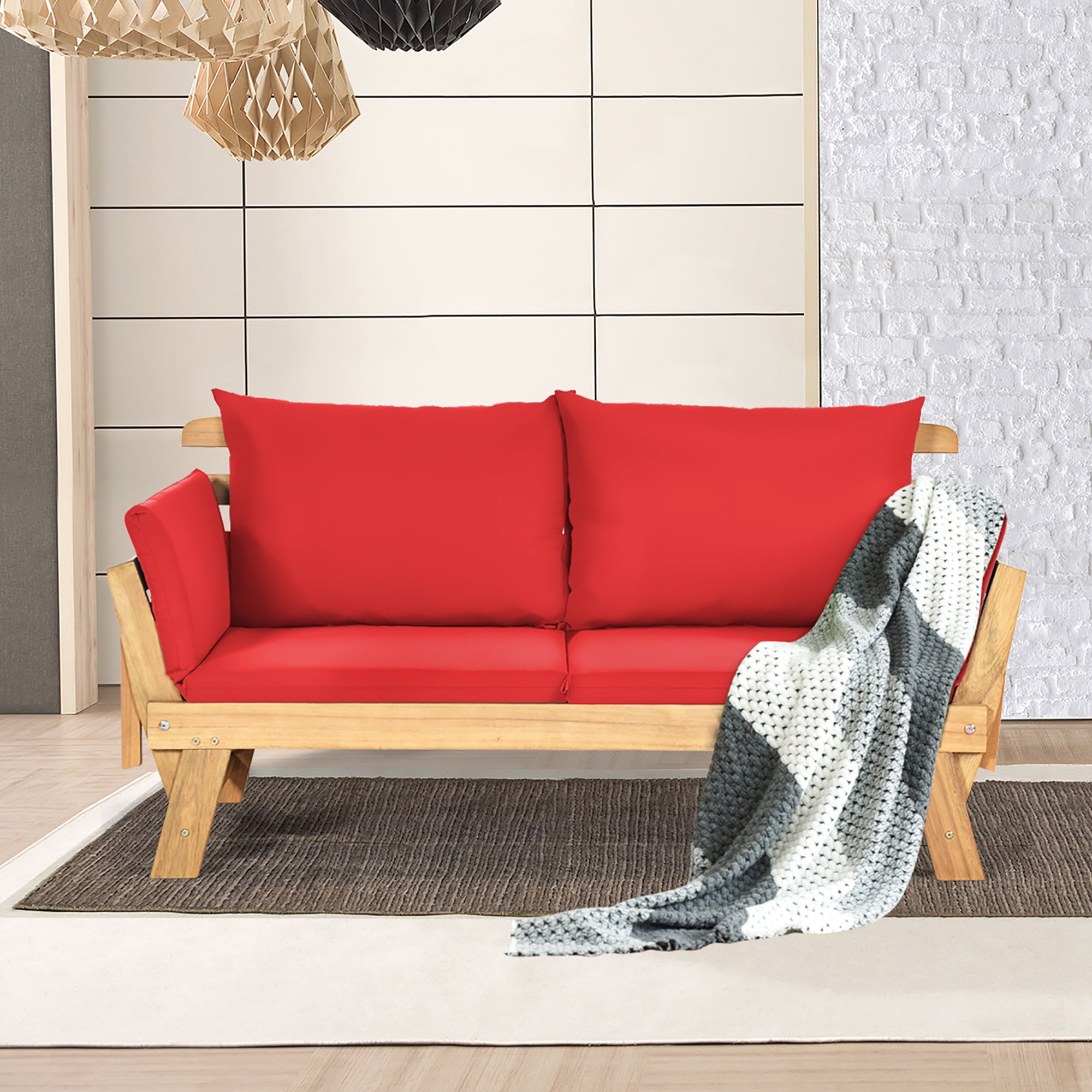Costway Patio Convertible Sofa Daybed Solid Wood Adjustable Furniture Thick Cushion Red Walmart