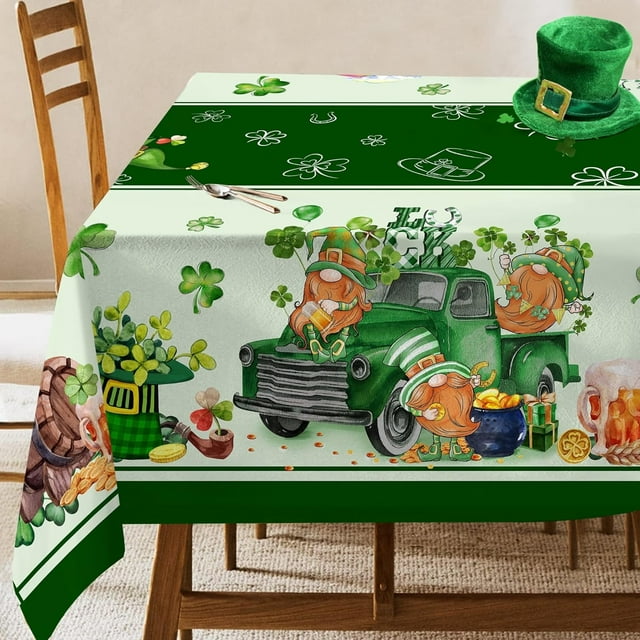 St Patricks Day Tablecloth, Green Shamrock Tablecloth Rectangle 60x120 inch, Shamrock Gnomes Truck Table Cloth Rectangular, Farmhouse Decorations for Table,Party