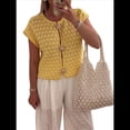 thumbnail image 1 of Suéter de Corta para Mujer, Cuello Redondo, Cárdigan de Punto de Crochet Calado, Camisas Casuales de Verano con Botones. Amarillo M, 1 of 8