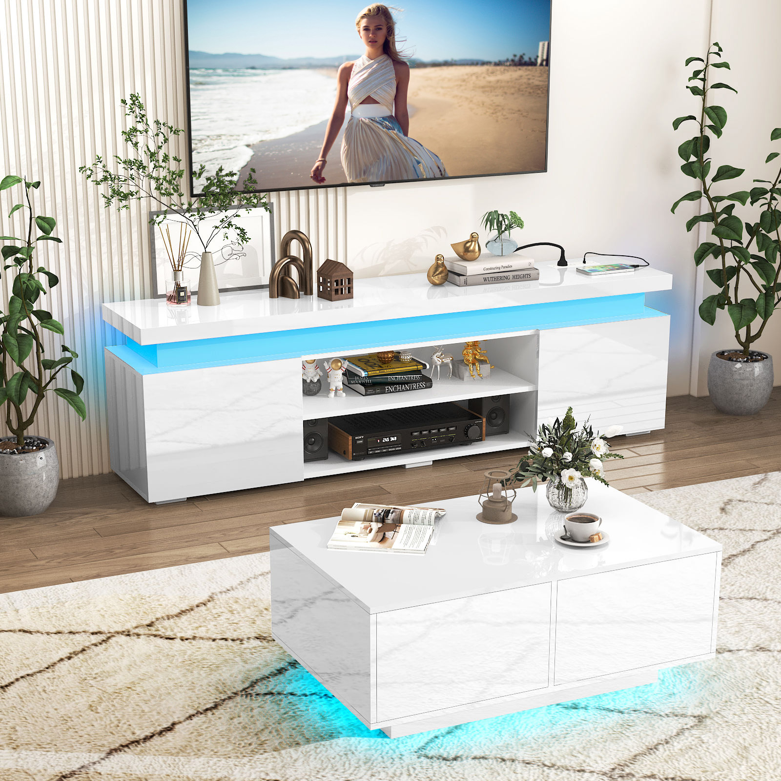 75" LED TV Stand with Power Outlet for up 85" TVs, Modern Large Entertainment Center TV Console Table with Wide Open Shelf
