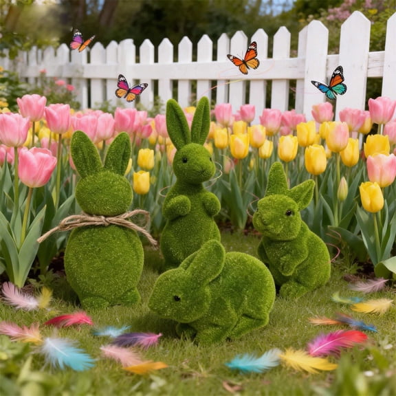 Moss Bunny Decorative Figurines, Faux Moss Flocked Easter Bunny Decoration, Green Flocking Rabbits Sculpture for Spring Easter Home Garden Yard Indoor Oudoor Decor