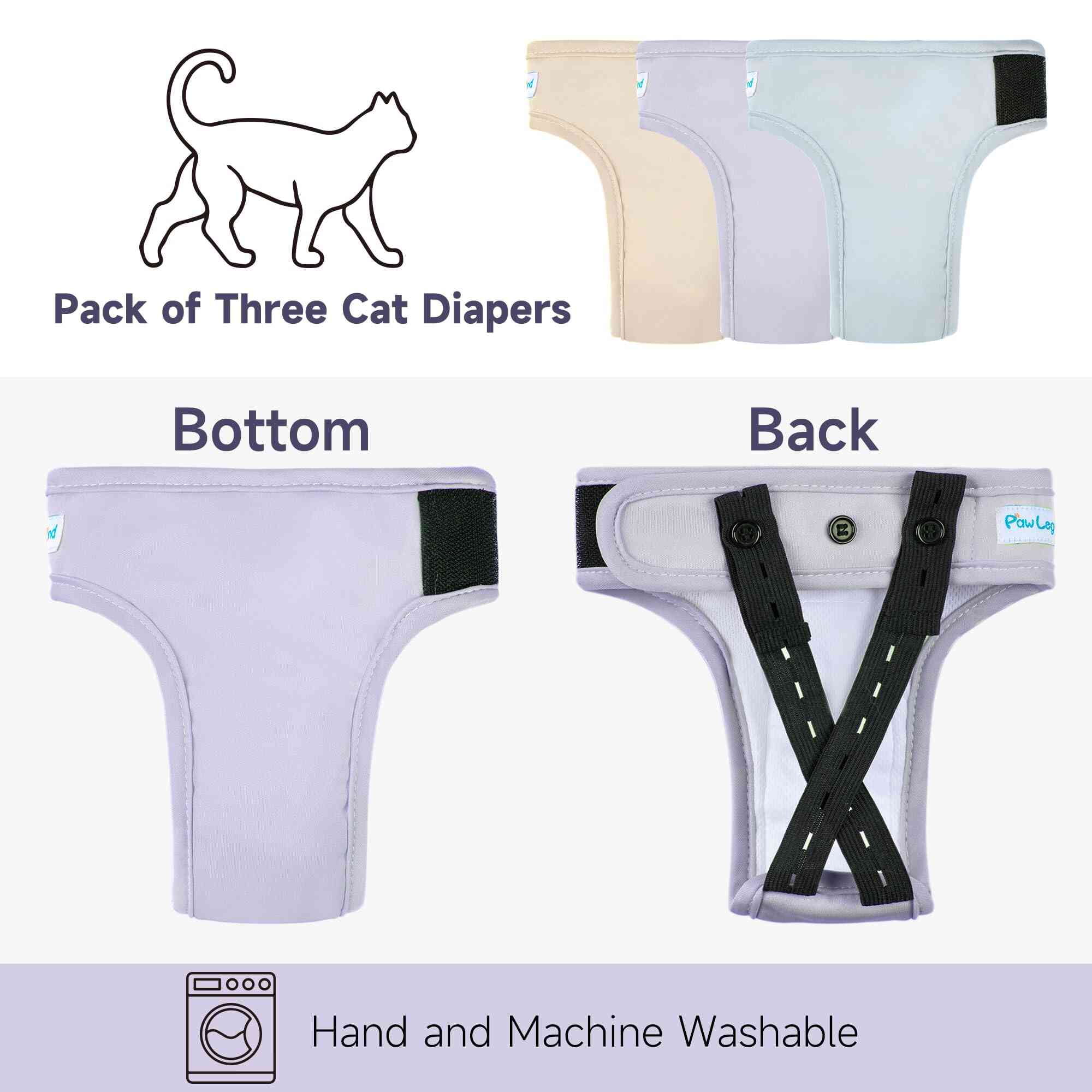 Paw Legend Cat Diapers for Female Cats Diaper for Male Cat Spraying Washable Reusable Kitten Diapers for Cats Incontinence Pet Diapers (3 Pack, Large)