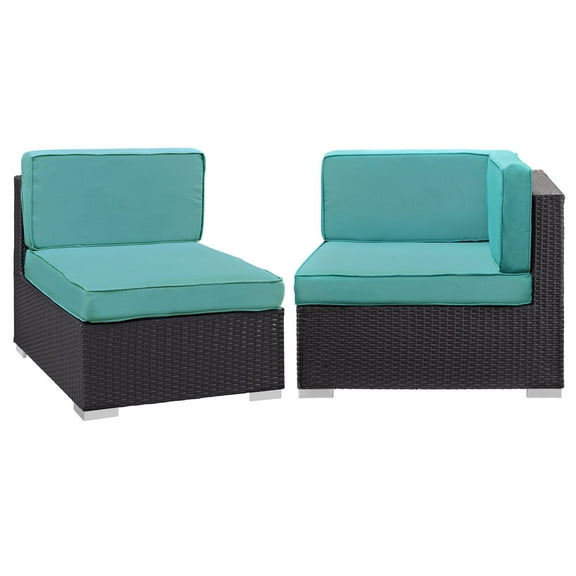 Corner and Middle Lounge Chair Set, Aqua Blue, Wicker Rattan, Outdoor Patio Balcony Cafe Bistro Garden Hospitality Restaurant, Modern Contemporary, HB36940