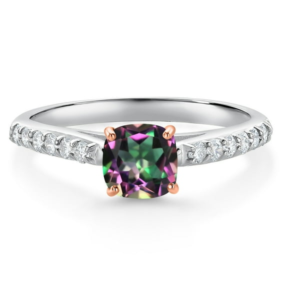 Gem Stone King 1.18 Ct Green Mystic Topaz G/H Lab Grown Diamond 10K White Gold Engagement Ring with Rose Gold Prongs (Size 5)