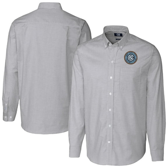 Men's-Cutter & Buck  Charcoal New York City FC Big & Tall Stretch Oxford Stripe Tri-Blend Long Sleeve Dress Shirt