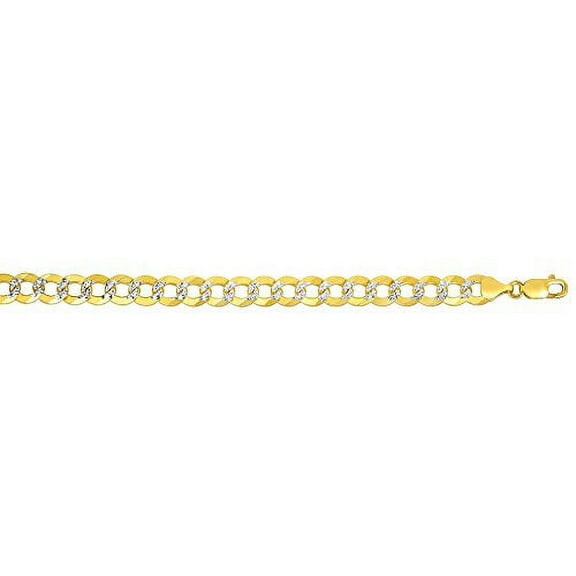 JewelStop 14K Yellow Gold White Pave 9.7mm Diamond-Cut Comfort Curb Chain, Lobster Clasp - 8.5 Inches