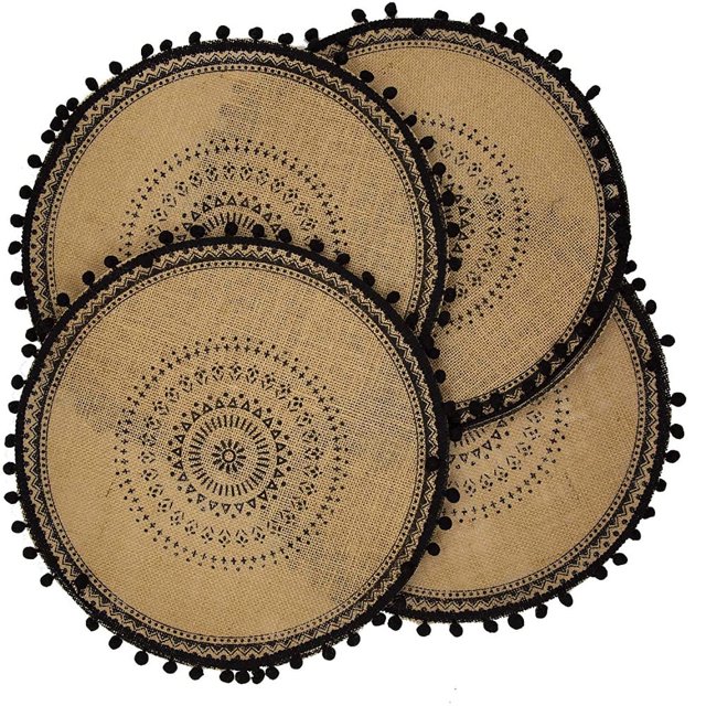 DEELLEEO Ensemble de 4 Sets de Table Ronds Boho en Lin de Jute avec Macramé pour Table à Manger Style Ferme Dia 15”