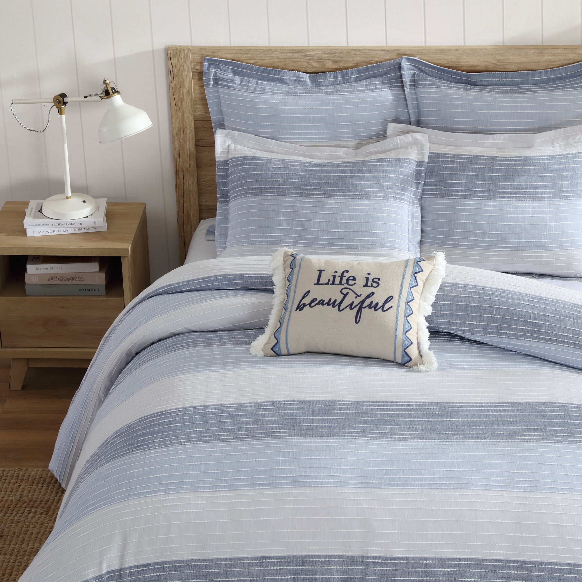 Levtex Home - Sand Stripes Duvet Cover Set - King Duvet Cover (106 x 94in.) + Two King Pillow Cases (36 x 20in.) - Jaquard Stripe - Grey, Chambray, Blue, White - Cotton