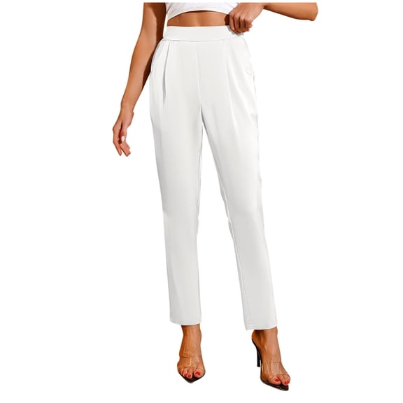 Staron Women's Casual High Waisted Pants Straight Leg Solid Color with Pockets Comfy Relaxed Lounge Travel Workout, White M