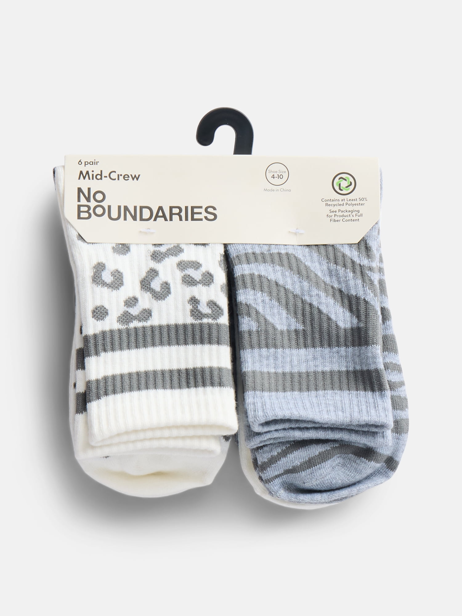 No Boundaries Women's Ribbed Mid Crew Socks, 6 Pack, Shoe Sizes 4-10
