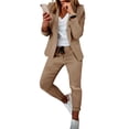 thumbnail image 5 of comerut 2 Pcs/Set Women Blazer Pants Set Solid Color Turn-down Collar Anti-wrinkle Formal Loose Warm Elastic Waist Pockets Coat Pants Suit for Work, 5 of 8