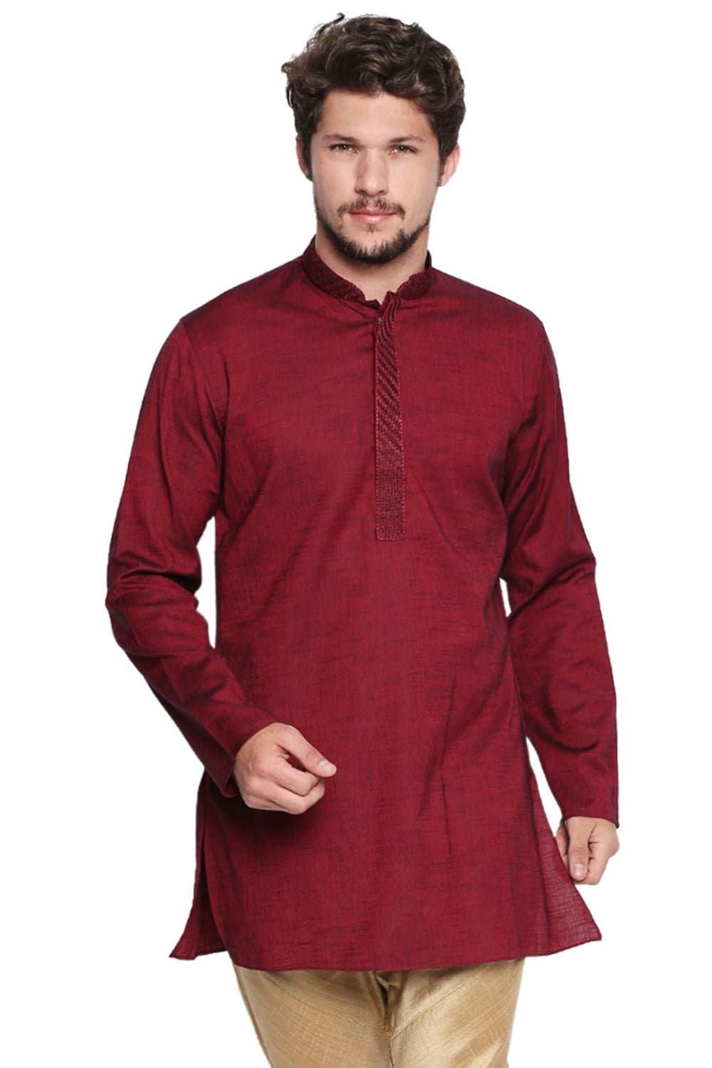 Shatranj Men's Indian Banded Collar Classic Kurta Tunic With Embroidered Placket