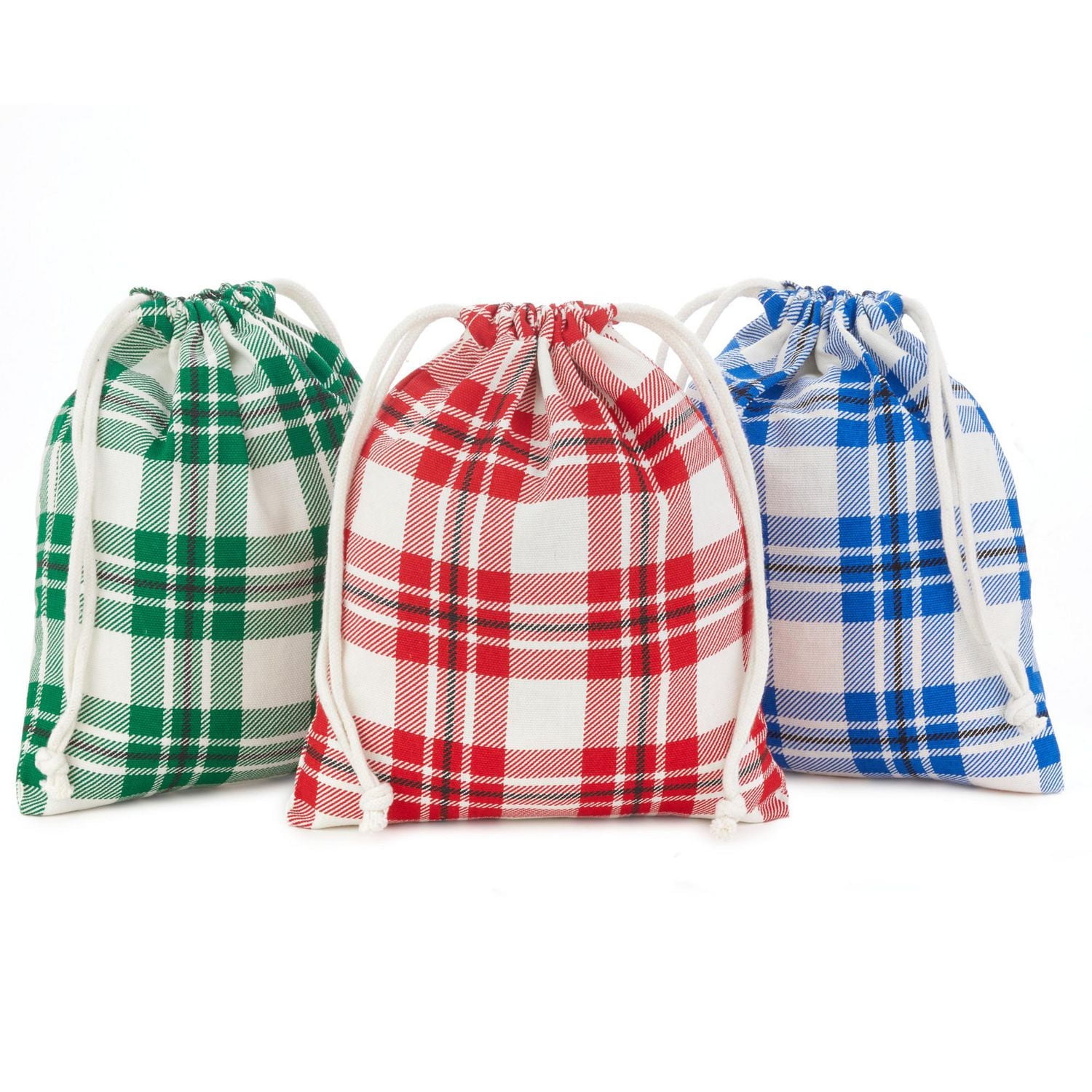 Sacs-cadeaux de 10 po, en tissu avec cordon, Hallmark (3 sacs à motif écossais : Rouge, bleu, vert) pour la Saint-Valentin, les fêtes, les cadeaux de pendaison de crémaillère