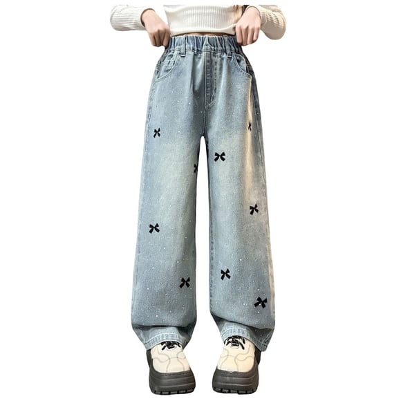Yammkia Pants for Girls Toddler Girl's Print Wide Leg Cargo Jeans Side Elastic Waist Denim Pants Size 3T 4T (Blue,3-4 Years)