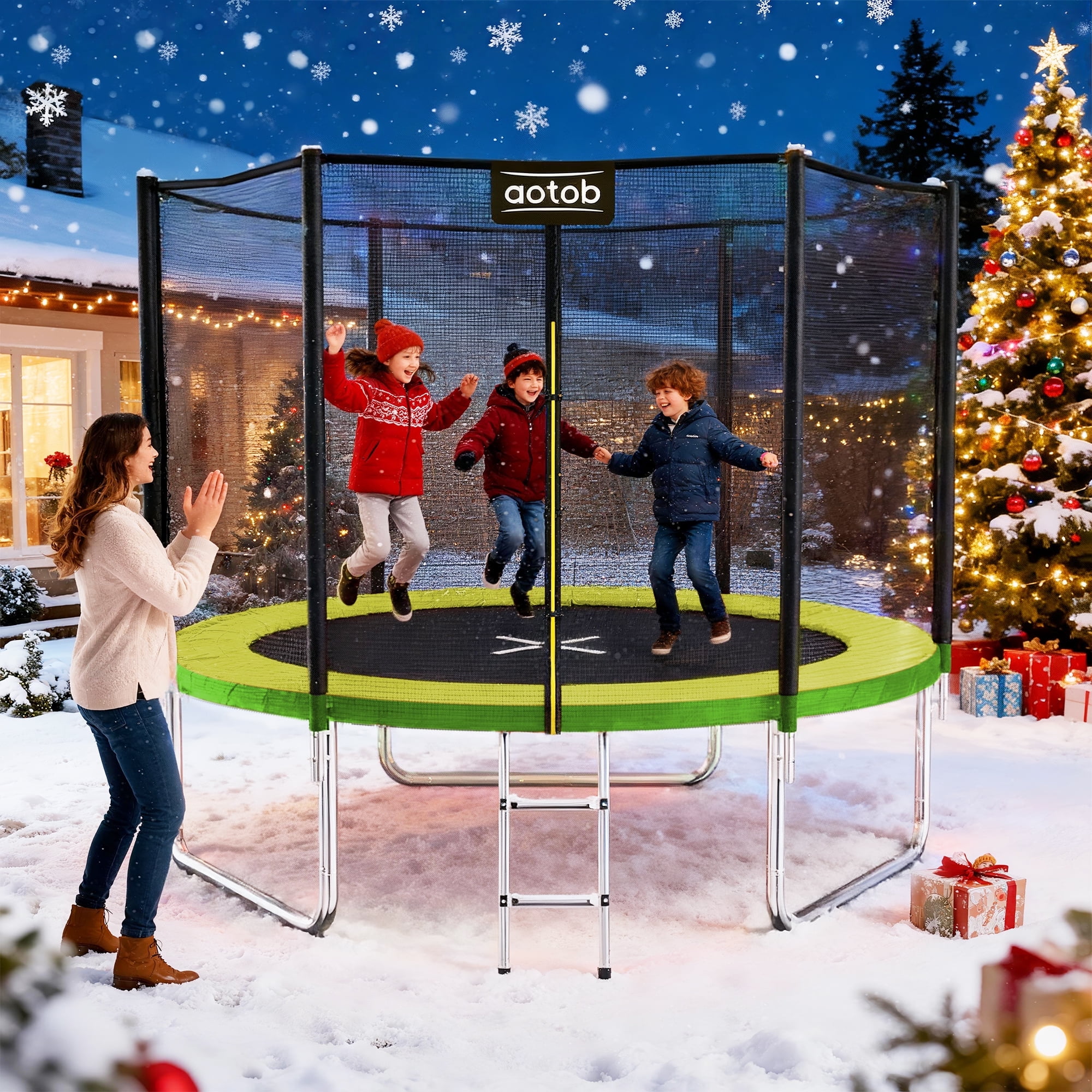 AOTOB 12FT Trampoline for Kids/Adults, Backyard 1400 LBS Trampoline with Safety Enclosure Net/Ladder,Yellow and Green