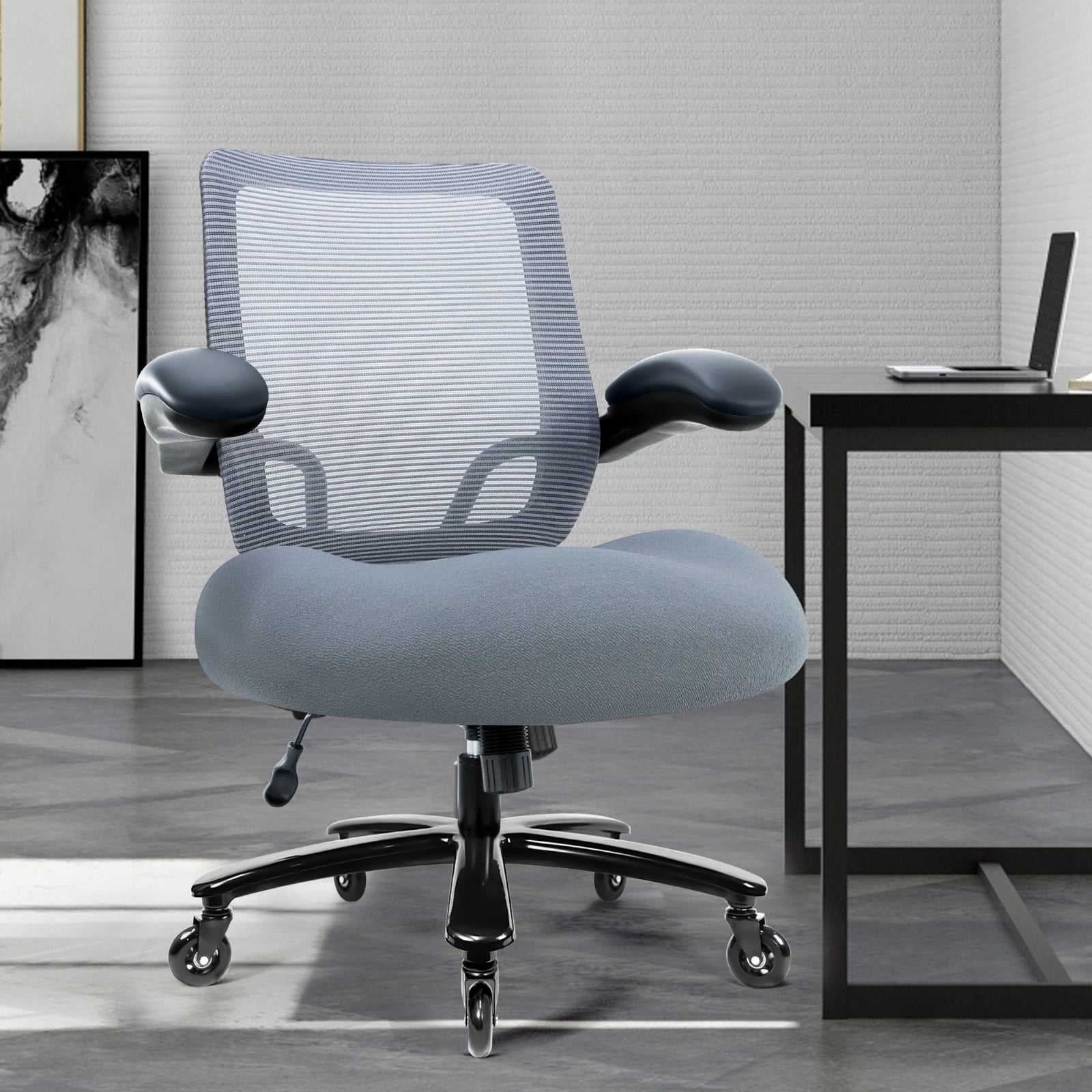 Big and Tall Office Chair 500 lbs, Heavy Duty Ergonomic Mesh Computer Chair with Wide Seat, Flip-up Armrests, Metal Base and Blade Wheels, Gray