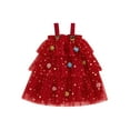 thumbnail image 2 of Jaweiwi Toddler Kids Little Girl Christmas Dress 1-9 Years Star Print Square Neck Sleeveless Layered Tulle Dresses with Plush Ball Christmas Hat, 2 of 9