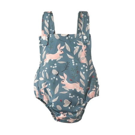 

aturustex Wide Shoulder Straps Cartoon Rabbit Print Romper Short One-Piece Clothes Newborn Baby Easter Day Strap Halter Bodysuit