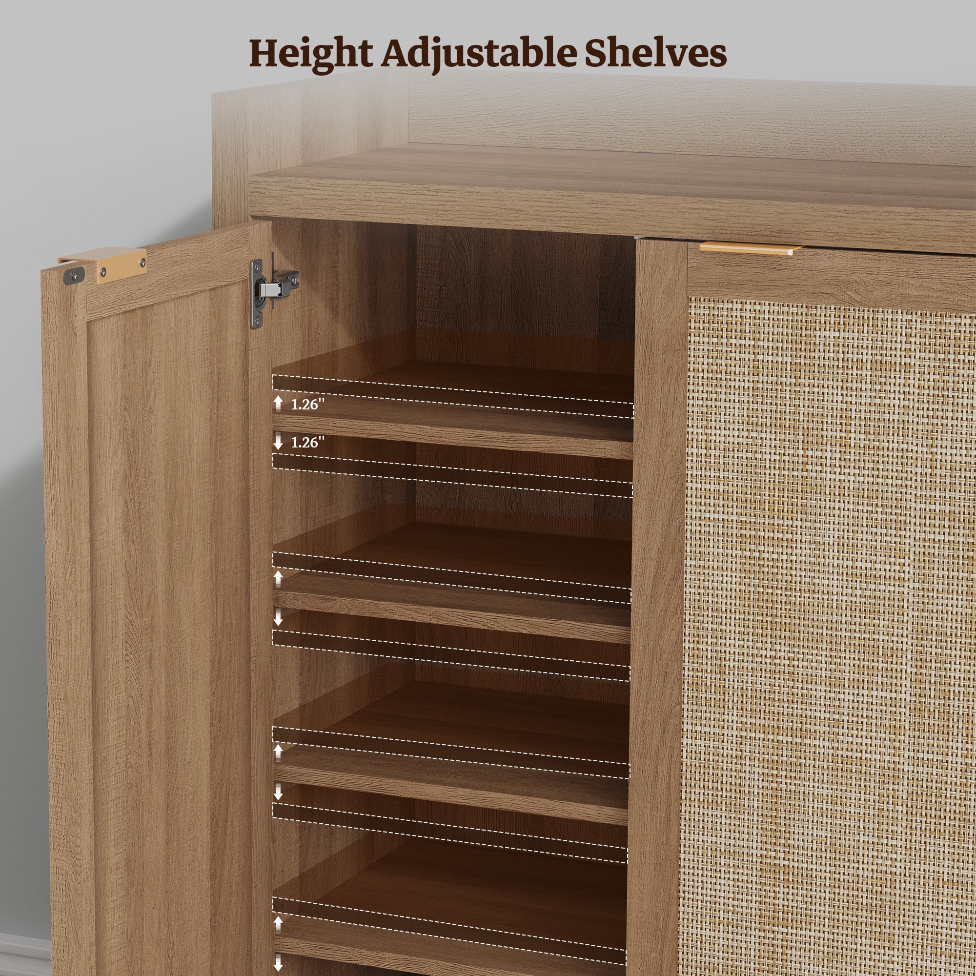 SICOTAS 7 Tier Shoe Storage Cabinet for Entryway, 30 Pairs Rattan Shoe Rack Cabinet with Doors & Adjustable Shelves, Freestanding Boho Shoe Organizer Cabinet for Hallway, Oak