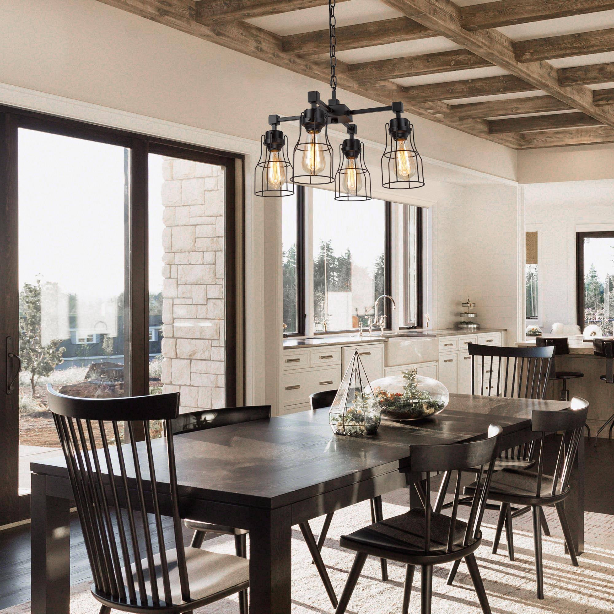 LNC 4-Light Black and Brown Wood Sputnik LED Pendant for Kitchen Island