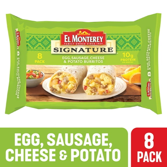El Monterey Signature Egg, Sausage, Cheese & Potato Burritos, 36 oz, 8 Count (Frozen)
