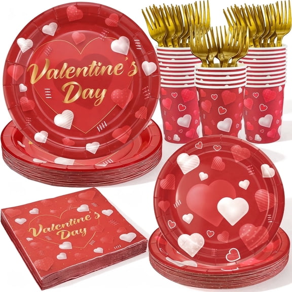 125Pcs Valentines Day Paper Plates and Napkins Sets Valentine'S Day Party Supplies Red Heart Disposable Plates Napkins Cups Forks for Valentines Day Party Decorations (Serves 25 Guests)